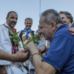 Exclusif - Nikos Aliagas et son père Andreas Aliagas - Nikos Aliagas dans son village lors de la fête de Sainte Agathe, une fête en costume traditionnel grec, le 22 août 2016. © Vassilis Artikos/Bestimage