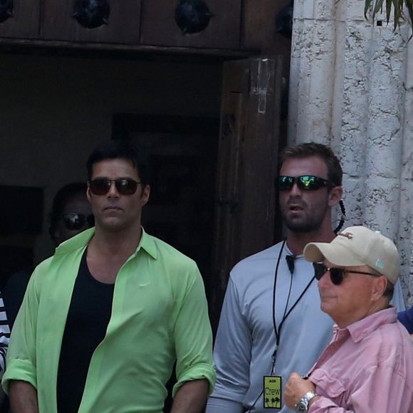 Penelope Cruz, Edgar Ramirez et Ricky Martin sur le tournage de Versace : American Crime Story à Miami, le 17 mai 2017 