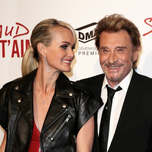 Johnny Hallyday et sa femme Laeticia - Avant-première de 'Salaud on t'aime' à l'UGC Normandie sur les Champs-Elysées à Paris le 31 mars 2014.