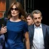 Exclusif - Carla Bruni-Sarkozy et son mari l'ancien Président Nicolas Sarkozy quittent un hôtel de New York le 14 juin 2017. Carla Bruni-Sarkozy a chanté la veille, le 13 juin 2017 des extraits de son nouvel album « French Touch » dans le club de jazz « Le Poisson rouge » dans le quartier de Greenwich.