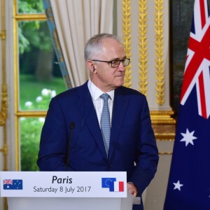 Le président de la République française Emmanuel Macron et le premier ministre d'Australie, Malcolm Turnbull lors d’une conférence de presse au Palais de l'Elysée à Paris, France, le 8 juillet 2017.