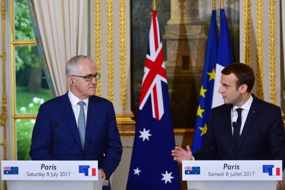 Le président de la République française Emmanuel Macron et le premier ministre d'Australie, Malcolm Turnbull lors d’une conférence de presse au Palais de l'Elysée à Paris, France, le 8 juillet 2017.