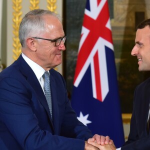 Le président de la République française Emmanuel Macron et le premier ministre d'Australie, Malcolm Turnbull lors d’une conférence de presse au Palais de l'Elysée à Paris, France, le 8 juillet 2017.