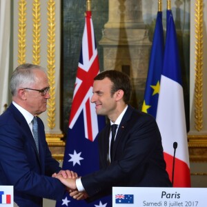 Le président de la République française Emmanuel Macron et le premier ministre d'Australie, Malcolm Turnbull lors d’une conférence de presse au Palais de l'Elysée à Paris, France, le 8 juillet 2017.