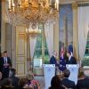 Le président de la République française Emmanuel Macron et le premier ministre d'Australie, Malcolm Turnbull lors d’une conférence de presse au Palais de l'Elysée à Paris, France, le 8 juillet 2017.