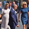 Laura Tenoudji (enceinte), son mari Christian Estrosi, le maire de Nice, Brigitte Macron (Trogneux), Pierre-Olivier Costa lors de la cérémonie d'hommage aux victimes de l'attentat du 14 juillet 2016 à Nice, le 14 juillet 2017. © Bruno Bébert/Bestimage