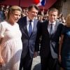 Le maire de Nice, Christian Estrosi, sa femme Laura Tenoudji (enceinte), le président de la République Emmanuel Macron, sa femme Brigitte Macron (Trogneux) - Le président de la République est reçu par l'hôtel de ville de Nice pour un entretien avant la cérémonie d'hommage aux victimes de l'attentat du 14 juillet 2016 à Nice, le 14 juillet 2017. © Cyril Moreau/Bestimage