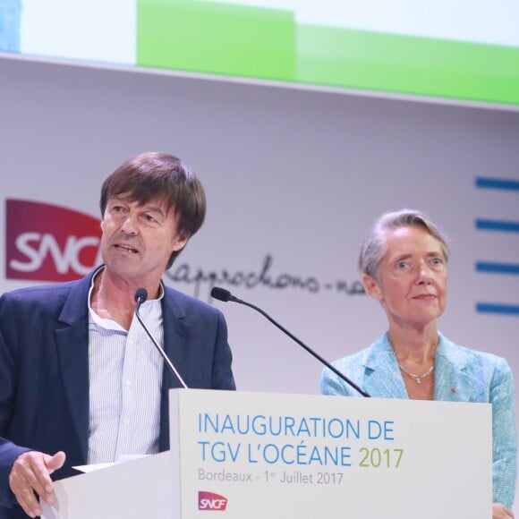 Nicolas Hulot et Elisabeth Borne - Discours d'inauguration de la nouvelle LGV (Ligne Grande Vitesse) Paris-Bordeaux à Bordeaux. Le 1er juillet 2017 © CVS / Bestimage