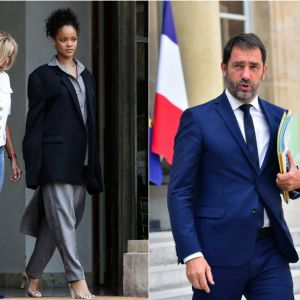 Rihanna à l'Elysée avec Brigitte Macron - juillet 2017 / Le secrétaire d'Etat chargé des Relations avec le Parlement et porte-parole du Gouvernement, Christophe Castaner, au palais de l'Elysée à Paris, le 28 juillet 2017 (photomontage)