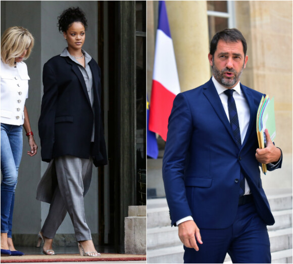 Rihanna à l'Elysée avec Brigitte Macron - juillet 2017 / Le secrétaire d'Etat chargé des Relations avec le Parlement et porte-parole du Gouvernement, Christophe Castaner, au palais de l'Elysée à Paris, le 28 juillet 2017 (photomontage)