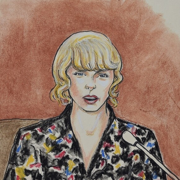 Dessins d'illustrations du procès en cours de Taylor Swift contre D.Mueller à Denver le 10 août 2017.