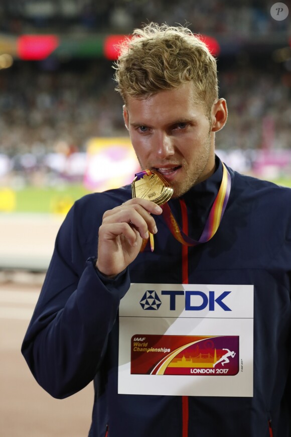 France's Kevin Mayer on the podium after winning gold in the Men's Decathlon during day nine of the 2017 IAAF World Championships at the London Stadium, UK, Saturday August 12, 2017. Photo by Henri Szwarc/ABACAPRESS.COM12/08/2017 - London
