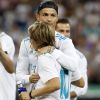 Cristiano Ronaldo et Luka Modric. Finale de la Supercoupe d'Espagne "Real Madrid - FC Barcelone" au stade Santiago Bernabeu à Madrid, le 16 août 2017. Le Real Madrid s'est imposé 2 à 0.
