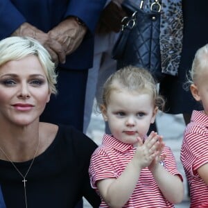 De gauche à droite, le fils de Jean Leonard de Massy, Melchior, la princesse Charlene de Monaco, la princesse Gabriella et le prince Jacques durant le traditionnel pique-nique des monégasques au parc Princesse Antoinette à Monaco le 1er septembre 2017. © Olivier Huitel/Pool restreint Monaco/Bestimage