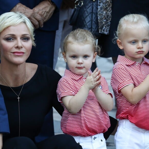 De gauche à droite, le fils de Jean Leonard de Massy, Melchior, la princesse Charlene de Monaco, la princesse Gabriella et le prince Jacques durant le traditionnel pique-nique des monégasques au parc Princesse Antoinette à Monaco le 1er septembre 2017. © Olivier Huitel/Pool restreint Monaco/Bestimage