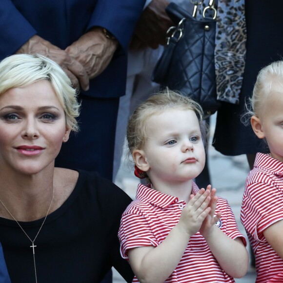 De gauche à droite, le fils de Jean Leonard de Massy, Melchior, la princesse Charlene de Monaco, la princesse Gabriella et le prince Jacques durant le traditionnel pique-nique des monégasques au parc Princesse Antoinette à Monaco le 1er septembre 2017. © Olivier Huitel/Pool restreint Monaco/Bestimage