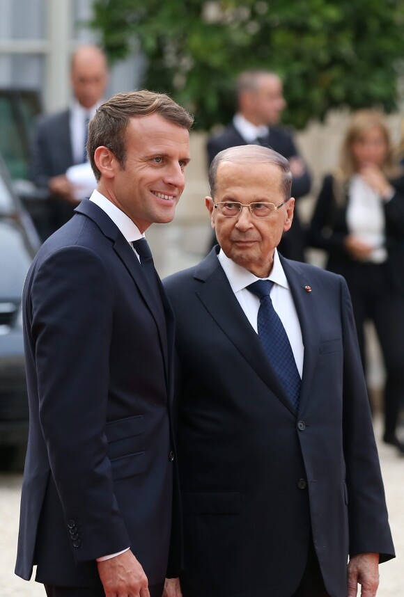 Emmanuel Macron et Michel Aoun (Président de la République Libanaise) au Palais de l'Elysée à Paris à l'occasion de sa visite d'Etat, le 25 septembre 2017. © Dominique Jacovides/Bestimage