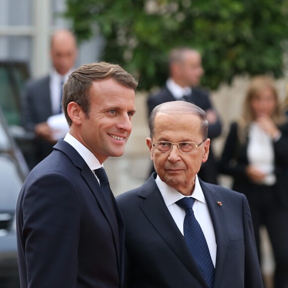 Emmanuel Macron et Michel Aoun (Président de la République Libanaise) au Palais de l'Elysée à Paris à l'occasion de sa visite d'Etat, le 25 septembre 2017. © Dominique Jacovides/Bestimage