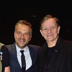 Exclusif - Thierry Lhermitte, Steve Suissa, fondateur du festival et Francis Huster - 1re soirée du tout 1er Festival du Théâtre Français en Israël, organisé par Steve Suissa à Tel Aviv, le 22 octobre 2017. © Erez Lichtfeld/Bestimage