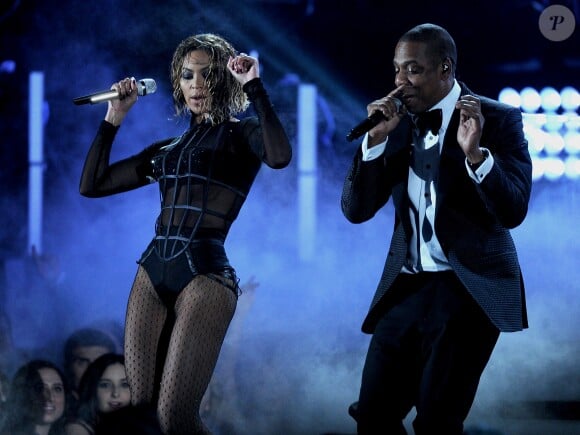 Beyoncé et Jay-Z sur la scène des Grammy Awards à Los Angeles, le 26 janvier 2014.