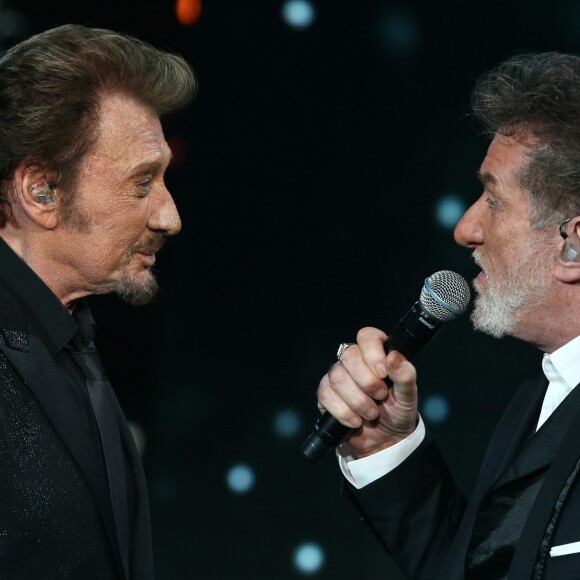 Exclusif - Eddy Mitchell et Johnny Hallyday - Enregistrement de l'émission Spéciale Johnny Hallyday, "Johnny, la soirée événement", qui sera diffusée sur TF1 en prime-time le 20 décembre.