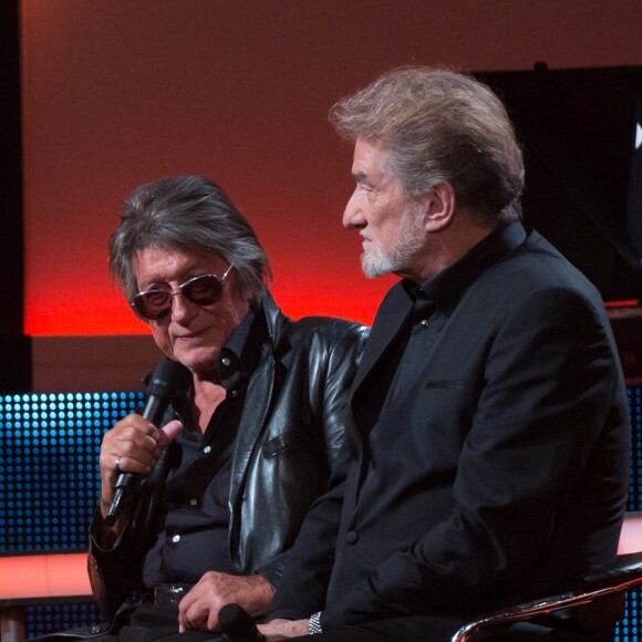 Exclusif  - Michel Drucker, Jacques Dutronc et Eddy Mitchell - Enregistrement de l'émission "Le Grand Show : Spécial Johnny Hallyday", qui sera diffusée sur France 2 le 28 novembre © Cyril Moreau / Bestimage