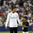 Cristiano Ronaldo et son fils Cristiano Jr. Finale de la Supercoupe d'Espagne "Real Madrid - FC Barcelone" au stade Santiago Bernabeu à Madrid, le 16 août 2017.