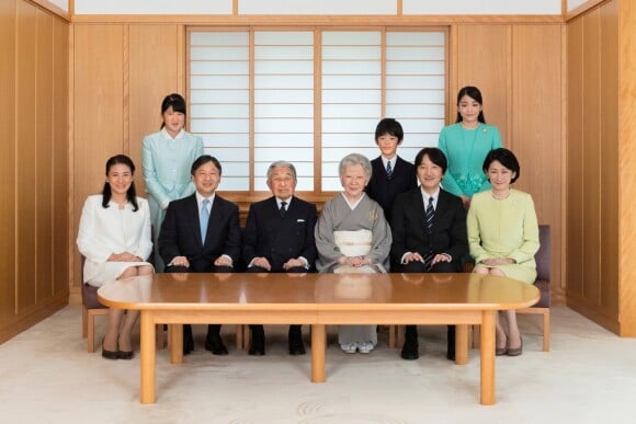 L'empereur Akihito du Japon et l'impératrice Michiko posent, à l'occasion du nouvel an 2018, avec leur famille : le prince héritier Naruhito, sa femme la princesse Masako et leur fille la princesse Aiko, le prince Fumihito d'Akishino, sa femme la princesse Kiko et leurs enfants la princesse Mako et le prince Hisahito à Tokyo, le 31 décembre 2017.