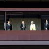 La princesse Masako, le prince Naruhito, l'empereur Akihito et l'impératrice Michiko du Japon, Le prince Akishino, la princesse Kiko et leur fille la princesse Mako lors de la cérémonie des voeux de l'empereur du Japon depuis le palais impérial à Tokyo le 2 janvier 2018. 02/01/2018 - Tokyo
