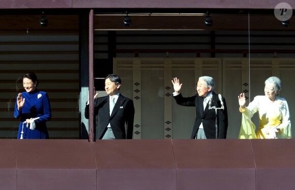 La princesse Masako, le prince Naruhito, l'empereur Akihito et l'impératrice Michiko lors de la cérémonie des voeux de l'empereur du Japon depuis le palais impérial à Tokyo le 2 janvier 2018. 02/01/2018 - Tokyo