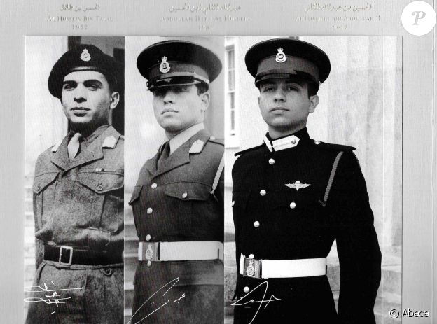 Le roi Hussein (en 1952), le roi Abdullah II (en 1981) et le prince héritier Hussein (en 2017) de Jordanie, photographiés lors de leur cérémonie de sortie de l'Académie militaire royale de Sandhurst, photomontage utilisé par la cour royale hachémite pour sa carte de voeux diffusée le 18 décembre 2017.