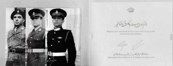 Le roi Hussein (en 1952), le roi Abdullah II (en 1981) et le prince héritier Hussein (en 2017) de Jordanie, photographiés lors de leur cérémonie de sortie de l'Académie militaire royale de Sandhurst, photomontage utilisé par la cour royale hachémite pour sa carte de voeux diffusée le 18 décembre 2017.