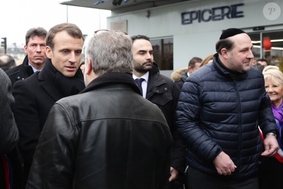 Emmanuel Macron - Hommage aux victimes de l'attentat de l'Hyper Cacher de la porte de Vincennes à Paris le 7 janvier 2018. La prise d'otages du magasin Hyper Cacher de la porte de Vincennes à Paris est une attaque terroriste islamiste et antisémite, perpétrée le 9 janvier 2015 qui avait fait 5 morts en tout (trois clients, un employé, le terroriste). © Stéphane Lemouton/Bestimage
