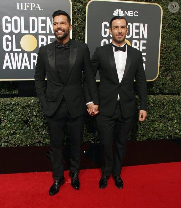 Ricky Martin et son mari Jwan Yosef sur le tapis rouge de la 75ème cérémonie des Golden Globe Awards au Beverly Hilton à Los Angeles, le 7 janvier 2018.