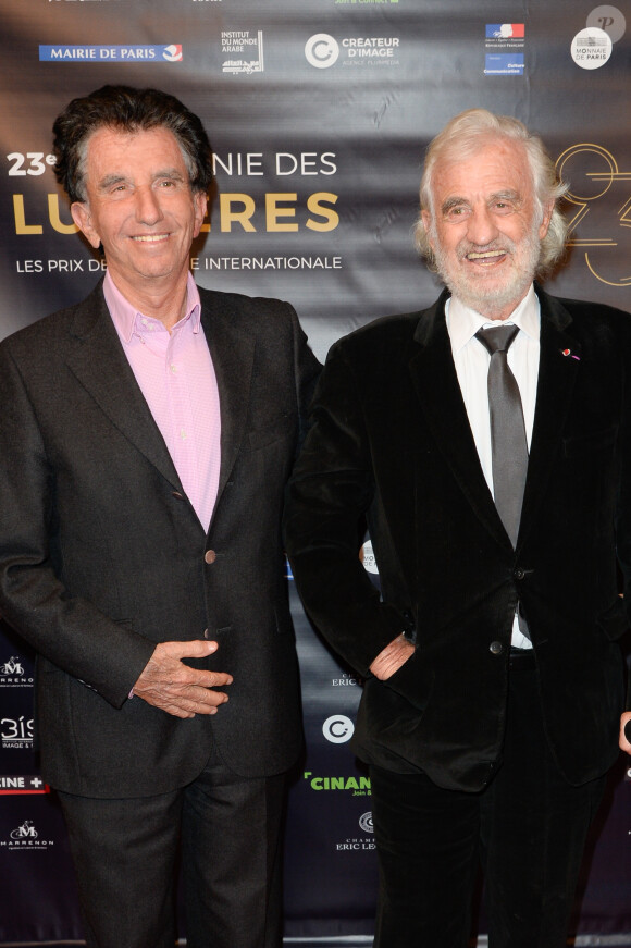 Jack Lang (président de l'Institut du monde arabe) et Jean-Paul Belmondo - 23ème cérémonie des Lumières de la presse internationale à l'Institut du monde arabe à Paris, France, le 5 février 2018. L'Académie des Lumières rend un hommage spécial à deux comédiens hors pair qui illuminent particulièrement le cinéma français, M.Bellucci et J.P.Belmondo, invités d'honneur de la 23ème cérémonie des lumières de la presse internationale. © Coadic Guirec/Bestimage