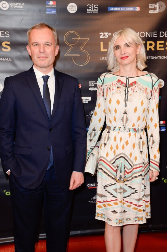 François de Rugy (président de l'Assemblée nationale) et sa femme Séverine Servat (journaliste à Gala) - 23ème cérémonie des Lumières de la presse internationale à l'Institut du monde arabe à Paris, France, le 5 février 2018. L'Académie des Lumières rend un hommage spécial à deux comédiens hors pair qui illuminent particulièrement le cinéma français, M.Bellucci et J.P.Belmondo, invités d'honneur de la 23ème cérémonie des lumières de la presse internationale. © Coadic Guirec/Bestimage