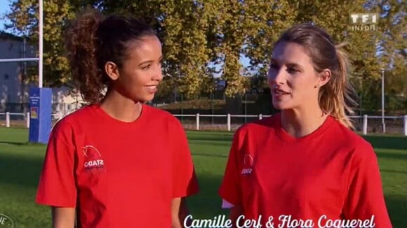 Camille Cerf et Flora Coquerel s'essayent au rugby dans "Bienvenue chez nous" (TF1) jeudi 8 février 2018.
