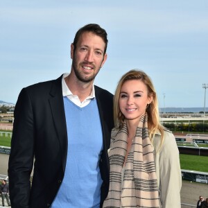 Exclusif - Alain Bernard et sa compagne Faustine ont découvert en amoureux l'univers des courses hippiques - Journée caritative au profit de la Fondation Claude Pompidou à l'Hippodrome de la Côte d'Azur à Cagnes-sur-Mer, le 11 février 2018. © Bruno Bebert/LMS/Bestimage