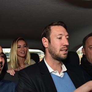 Exclusif - Brahim Asloum, Faustine et son compagnon Alain Bernard dans la voiture suiveuse - Journée caritative au profit de la Fondation Claude Pompidou à l'Hippodrome de la Côte d'Azur à Cagnes-sur-Mer, le 11 février 2018. © Bruno Bebert/LMS/Bestimage