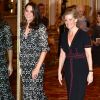 La duchesse Catherine de Cambridge, enceinte et en Erdem, et la comtesse Sophie de Wessex, en Burberry, étaient les maîtresses de cérémonie de la réception organisée pour célébrer le "Commonwealth Fashion Exchange" au Palais de Buckingham à Londres, le 19 février 2018.