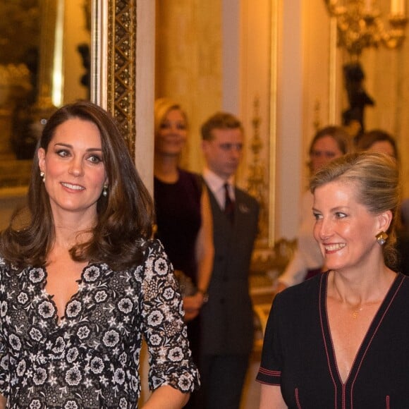 La duchesse Catherine de Cambridge, enceinte et en Erdem, et la comtesse Sophie de Wessex, en Burberry, étaient les maîtresses de cérémonie de la réception organisée pour célébrer le "Commonwealth Fashion Exchange" au Palais de Buckingham à Londres, le 19 février 2018.