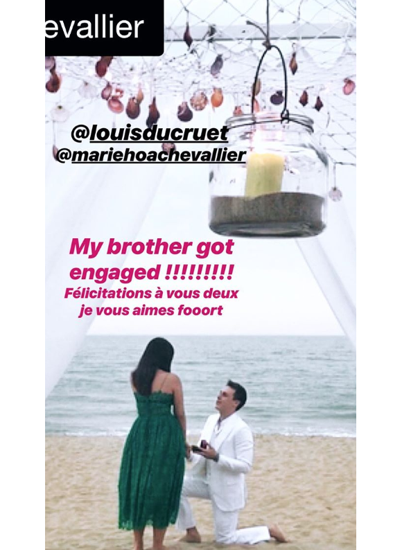 Pauline Ducruet n'a pas manqué de féliciter son frère Louis pour ses fiançailles avec sa compagne Marie. Image issue de la story Instagram de Pauline Ducruet, 21 février 2018.
