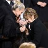 Exclusif - Jean Reno, Laeticia Hallyday, ses fille Joy et Jade, Nathalie Baye - Personnalités aux obsèques du chanteur Johnny Hallyday en l\'église La Madeleine à Paris, France, le 9 décembre 2017. © Borde-Jacovides/Bestimage
