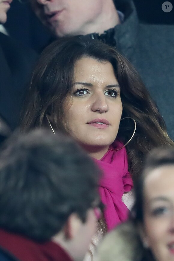Marlène Schiappa, secrétaire d'Etat, chargée de l'Egalité des femmes et des hommes, dans les tribunes lors du match de Ligue 1 "PSG - OM (3-0)" au Parc des Princes à Paris, le 25 février 2018.