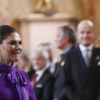 La princesse héritière Victoria de Suède avec sa fille la princesse Estelle lors du Te Deum le 12 mars 2018 en la chapelle royale à Stockholm suite à la naissance de la princesse Adrienne.