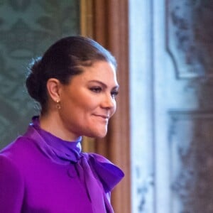 La princesse héritière Victoria de Suède lors de la proclamation le 12 mars 2018 à Stockholm suite de la naissance de la princesse Adrienne.