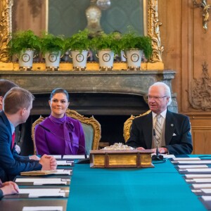 La princesse héritière Victoria de Suède lors de la proclamation le 12 mars 2018 à Stockholm suite de la naissance de la princesse Adrienne.