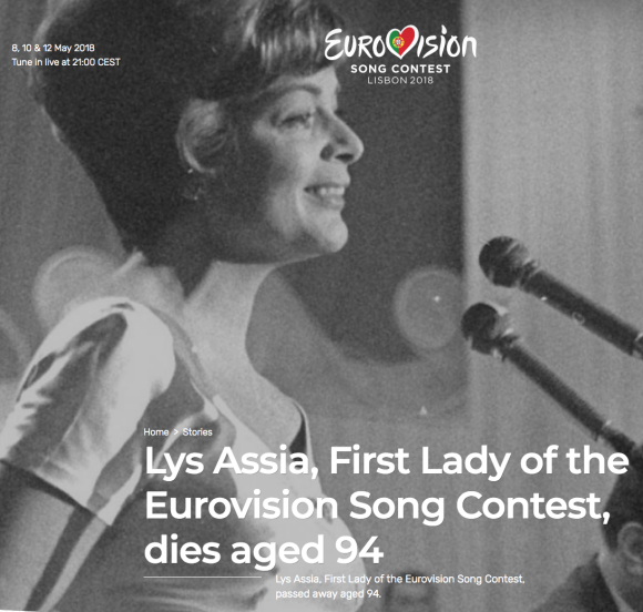 Le site officiel de l'Eurovision rend hommage à sa première gagnante, Lys Assia, morte le 24 mars 2018 en Suisse.