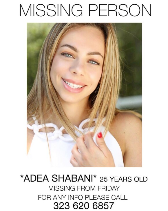 Adea Shabani, jeune Macédonienne de 25 ans, avait déménagé à Los Angeles pour tenter sa chance en tant qu'actrice. Portée disparue depuis le 23 février 2018, elle avait été vue pour la dernière fois avec son petit ami Chris Spotz, également acteur. Le 22 mars, celui-ci s'est donné la mort en se tirant une balle dans la tête après une course-poursuite avec la police. Des restes ont été retrouvés le 27 mars dans le Nevada, ceux-ci appartiendraient à Adea Shabani selon la police.