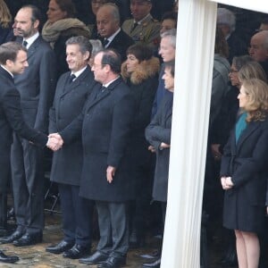 Emmanuel Macron, Edouard Philippe, Nicolas Sarkozy, François Hollande, Annick Girardin, Bruno Le Maire, Nicolas Hulot, Nicole Belloubet, Jean-Yves Le Drian - Hommage national du lieutenant-colonel de gendarmerie Arnaud Beltrame aux invalides à Paris le 28 mars 2018. Arnaud Beltrame est mort après avoir pris la place d'une otage civile au supermarché Super U à Trèbes. © Dominique Jacovides/Bestimage